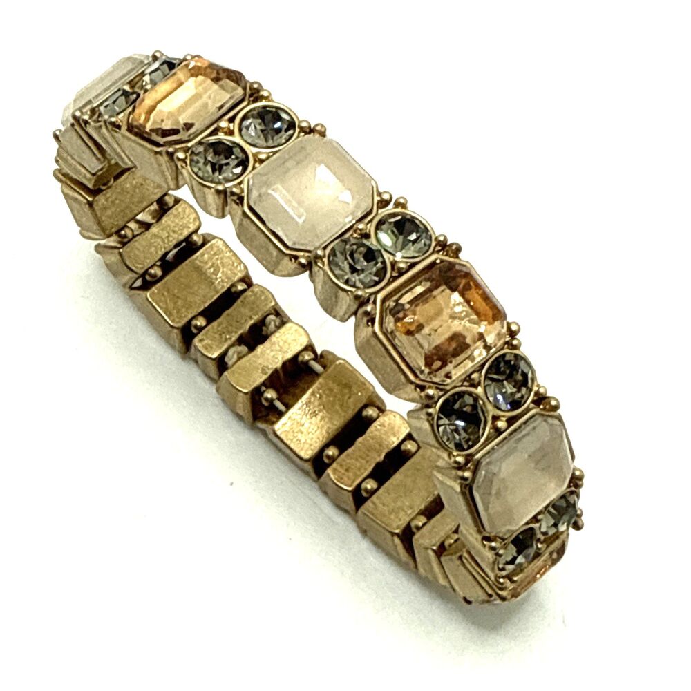 Amber Gray Opaque Rhinestone Stretch Bracelet Glass & Acrylic Satin Gold Tone 8"